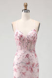 Pink Flower Mermaid Corset Spaghetti Straps Prom Dress With Sequins