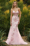 Pink Floral Mermaid Corset Spaghetti Straps Prom Dress