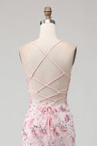 Pink Flower Mermaid Corset Spaghetti Straps Prom Dress With Sequins
