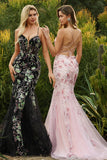 Pink Floral Mermaid Corset Spaghetti Straps Prom Dress