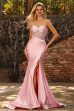 Pink Mermaid Beaded Corset Satin Prom Dress