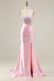 Pink Mermaid Corset Satin Beaded Prom Dress With Slit