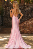 Pink Mermaid Beaded Corset Satin Prom Dress