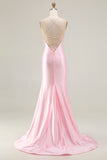 Pink Mermaid Corset Satin Beaded Prom Dress With Slit