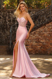 Pink Mermaid Beaded Corset Satin Prom Dress