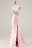 Pink Mermaid Corset Satin Beaded Prom Dress With Slit