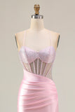 Pink Mermaid Corset Satin Beaded Prom Dress With Slit