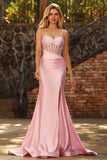 Pink Mermaid Beaded Corset Satin Prom Dress