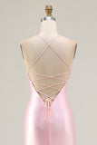 Pink Mermaid Corset Satin Beaded Prom Dress With Slit