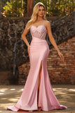 Pink Mermaid Beaded Corset Satin Prom Dress