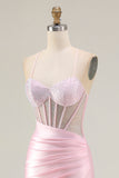 Pink Mermaid Corset Satin Beaded Prom Dress With Slit