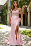 Pink Mermaid Beaded Corset Satin Plus Size Prom Dress