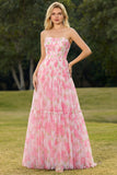 Strapless Floral Pink A Line Corset Prom Dress