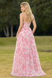 Strapless Floral Pink A Line Corset Prom Dress