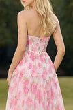 Strapless Floral Pink A Line Corset Prom Dress