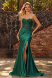 Dark Green Strapless Corset Ruched Mermaid Prom Dress