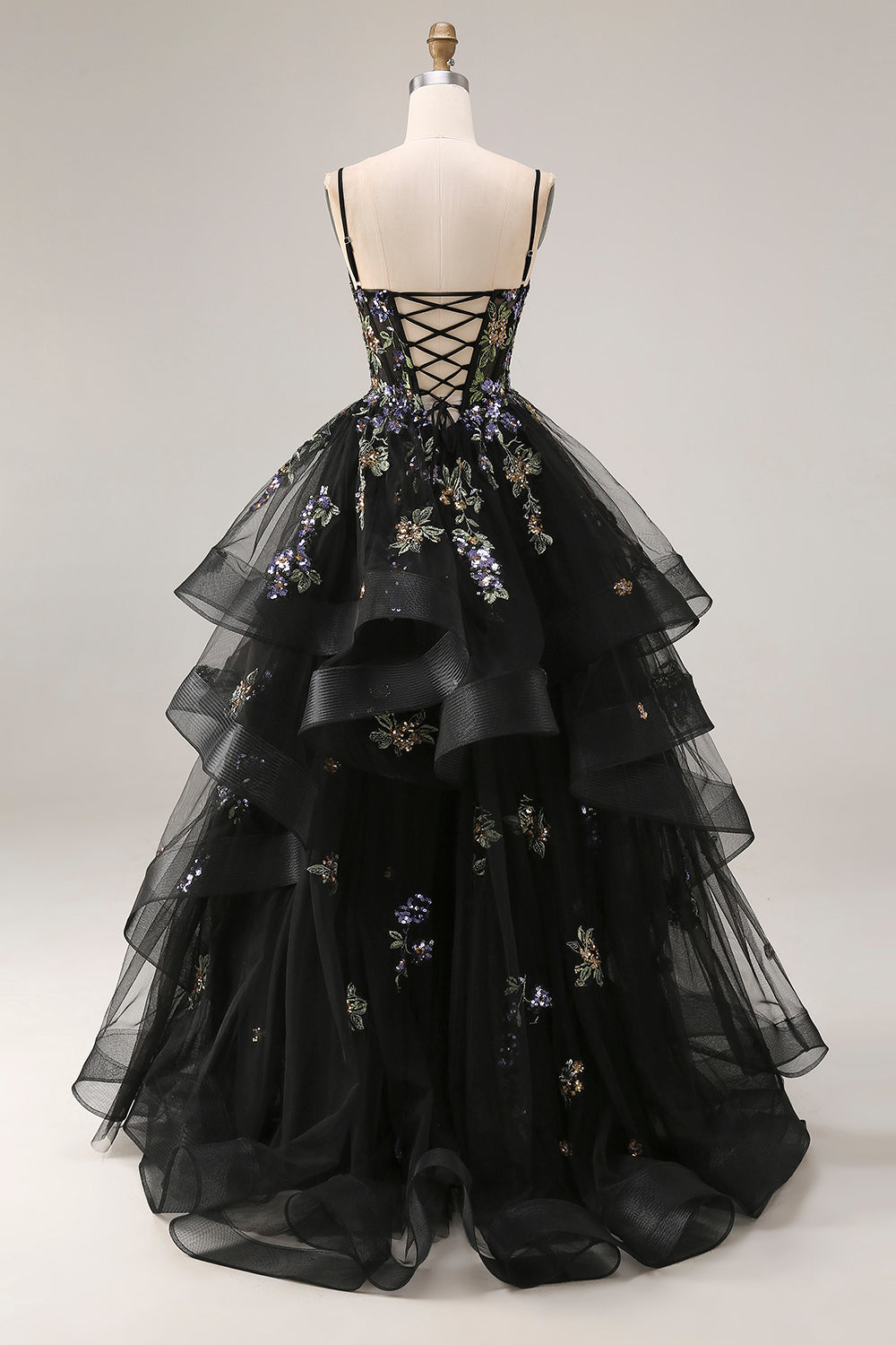 Berylove Women Black Sequin Prom Dress Embroidered Corset Spaghetti Straps Ball Gown Maxi Party Dress with Ruffles Berylove Women Black Sequin Prom Dress Embroidered Corset Spaghetti Straps Ball Gown Maxi Party Dress with Ruffles