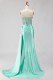 Sweetheart Mermaid Mint Green Beaded Satin Prom Dress With Slit