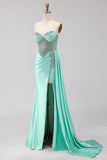 Sweetheart Mermaid Mint Green Beaded Satin Prom Dress With Slit