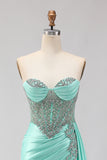 Sweetheart Mermaid Mint Green Beaded Satin Prom Dress With Slit