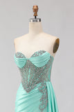 Sweetheart Mermaid Mint Green Beaded Satin Prom Dress With Slit
