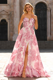 Pink A Line Floral Strapless Corset Prom Dress with Ruffles