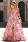 Pink A Line Floral Strapless Corset Prom Dress with Ruffles