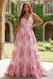 Pink A Line Floral Strapless Plus Size Corset Prom Dress