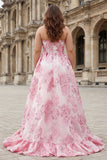 Pink A Line Floral Strapless Plus Size Corset Prom Dress