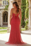 Halter Plus Size Red Beaded Mermaid Prom Dress