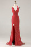 Red Beaded Halter Mermaid Prom Dress With Slit