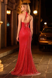 Red Beaded Halter Mermaid Prom Dress With Slit