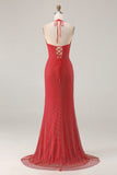 Red Beaded Halter Mermaid Prom Dress With Slit