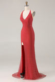 Red Beaded Halter Mermaid Prom Dress With Slit