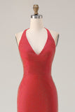 Red Beaded Halter Mermaid Prom Dress With Slit