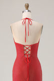 Red Beaded Halter Mermaid Prom Dress With Slit