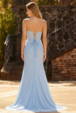 Strapless Beaded Ruched Sky Blue Maxi Prom Dress