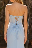 Strapless Beaded Ruched Sky Blue Maxi Prom Dress