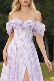 Off the Shoulder Floral Lilac A Line Corset Prom Dress