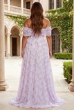 Off the Shoulder Plus Size Floral Lilac A Line Corset Prom Dress