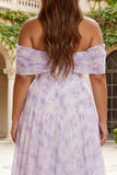 Off the Shoulder Plus Size Floral Lilac A Line Corset Prom Dress