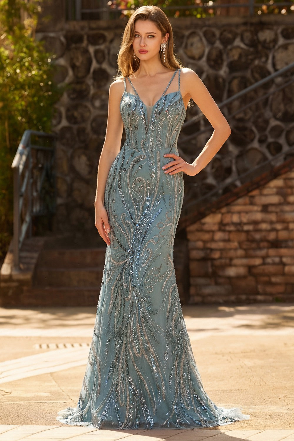 grey green prom dress WEDTREND Women Green Long Prom Dress Mermaid Spaghetti Straps Formal Party Dress with Split Front, Green / US2