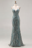 Sparkly Grey Green Beaded Spaghetti Straps Mermaid Prom Dress