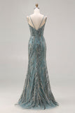 Sparkly Grey Green Beaded Spaghetti Straps Mermaid Prom Dress