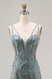 Sparkly Grey Green Beaded Spaghetti Straps Mermaid Prom Dress