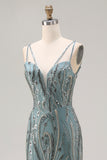 Sparkly Grey Green Beaded Spaghetti Straps Mermaid Prom Dress