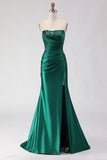 Dark Green Strapless Ruched Sequin Mermaid Prom Dress With Slit