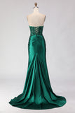 Dark Green Strapless Ruched Sequin Mermaid Prom Dress With Slit