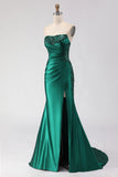 Dark Green Strapless Ruched Sequin Mermaid Prom Dress With Slit