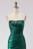 Dark Green Strapless Ruched Sequin Mermaid Prom Dress With Slit